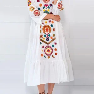 Ethnic V-neck Long Sleeve Floral Print Holiday Bohemian Pleated Women Midi Dress