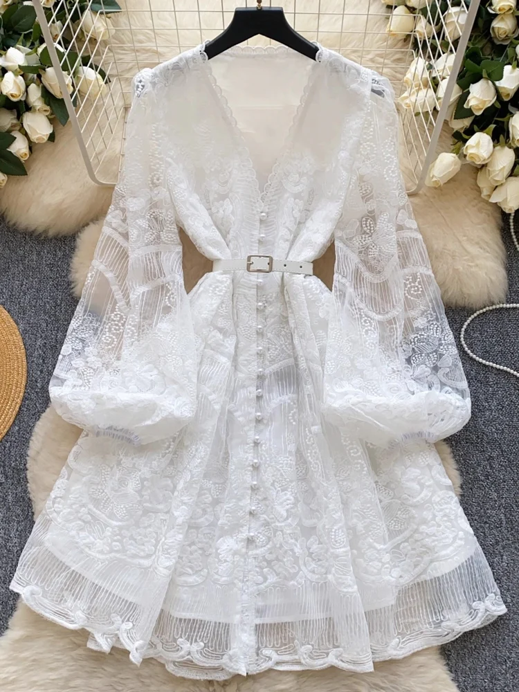 Summer White Lace Embroidery Flower Mini Party Dresses - Afbeelding 2