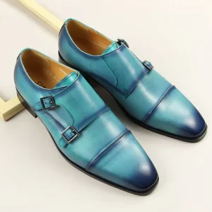 Sky Blue Men Shoes Genuine Leather Monk Strap Penny Shoes