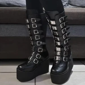 Women Boots Gothic Buckle Strap Long Tube Leather Shoes