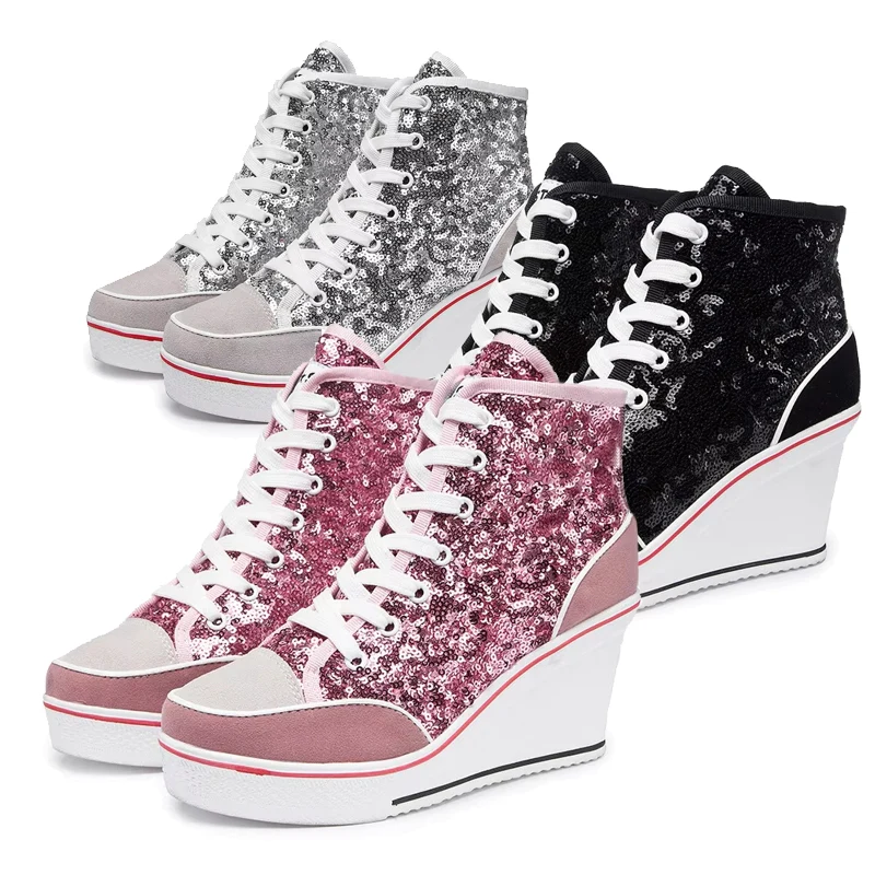 Glitter Sequins High Top Women Height Increasing Wedges Shoes