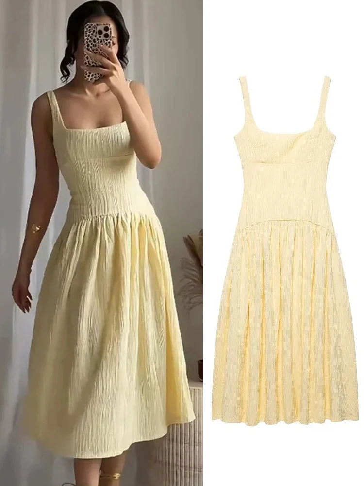 Pleated Slip Midi Dress Women Elegant Party Long Dresses - Afbeelding 2