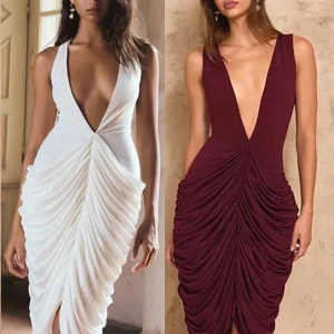 Deep V Neck Sleeveless Ruched Women Sexy Midi Dress