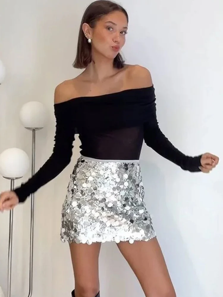 Silver Sequin Skirt Women High Waist Mini Skirt - Afbeelding 3