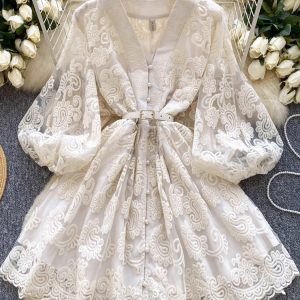 Summer Women V Neck Lantern Sleeve Mini Dress