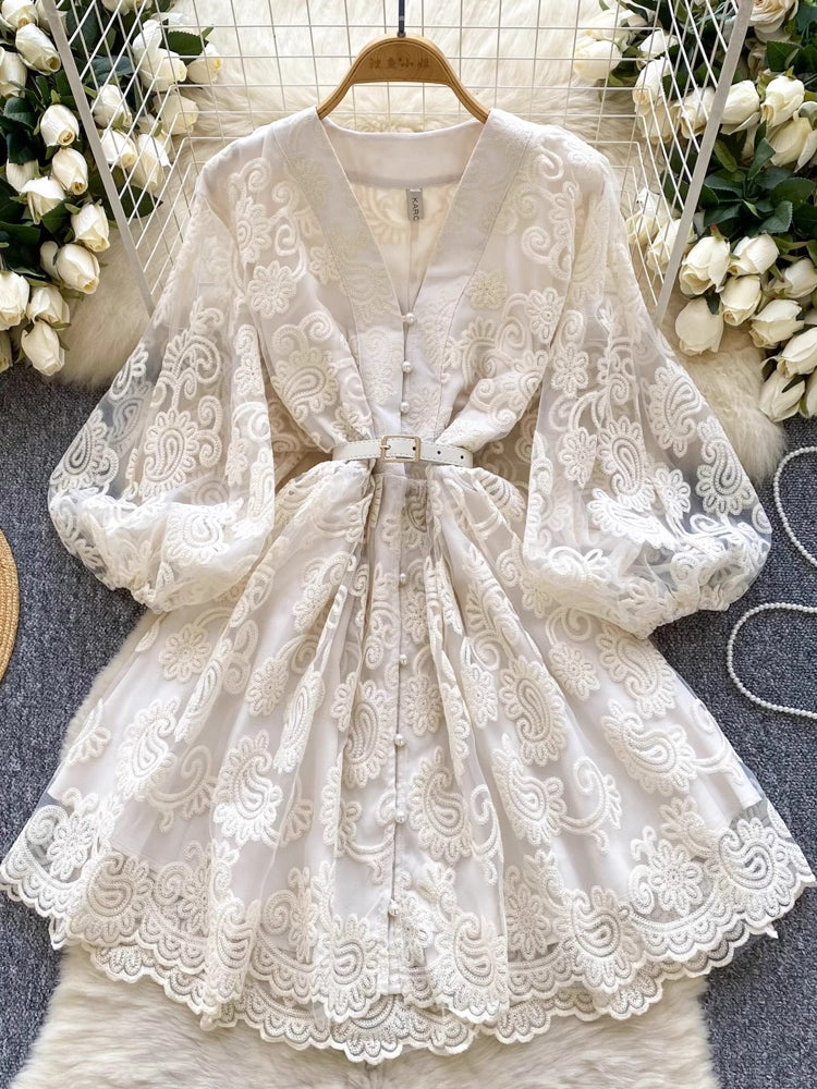 Summer Women V Neck Lantern Sleeve Mini Dress