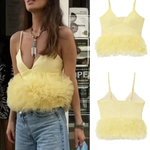 Yellow Puffy Mesh Tops For Women Strap Ruffle Crop Top