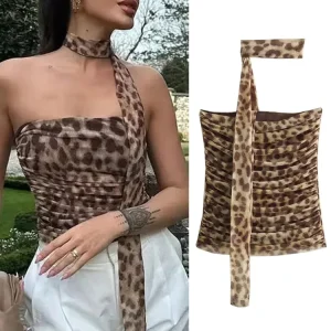 Leopard Print Crop Halter Top Women
