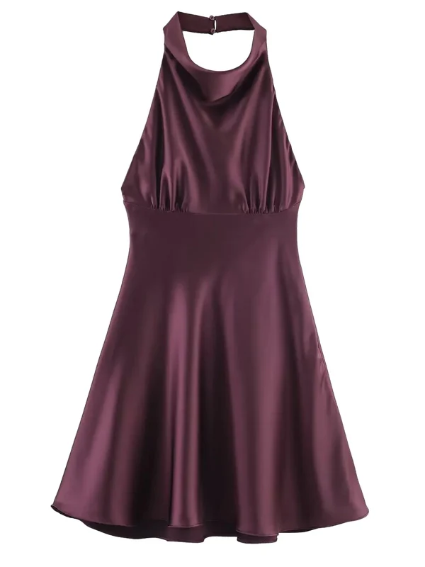 Satin Halter Mini Dress Women Ruched Party