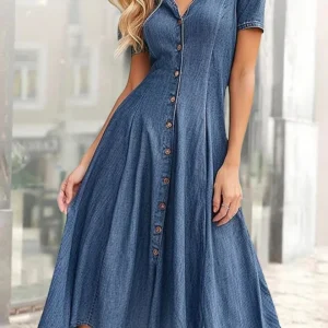 Denim Short Sleeved Long Slit Shirt Dress