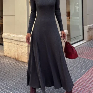 Women Elegant O-neck High Waist Slim A-Line Dress