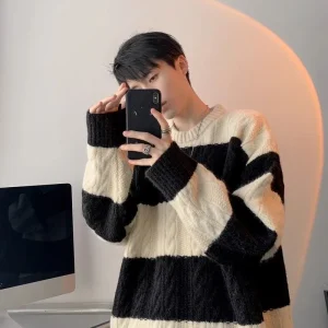 Fashion Knit Sweater O-Neck Patchwork Striped Tops