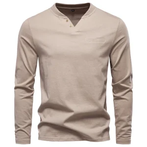 Fashion Pure Cotton Henley Collar Long T Shirt