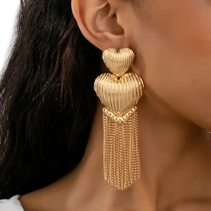 Heart-Shaped Tassel Long Earrings