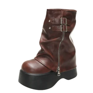 Soft Leather Ankle Mid Calf Chunky Motorcycle Boots