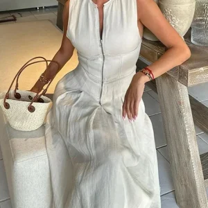 Zipper Long Dress Women Pleated Sleeveless Bodycon Dress