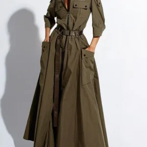 Retro Belt Pockets Split High Waist Maxi Dresses