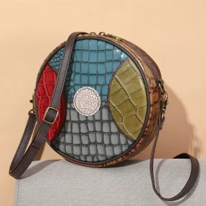 Round Design Bag Patchwork Mini Women Leather Bags