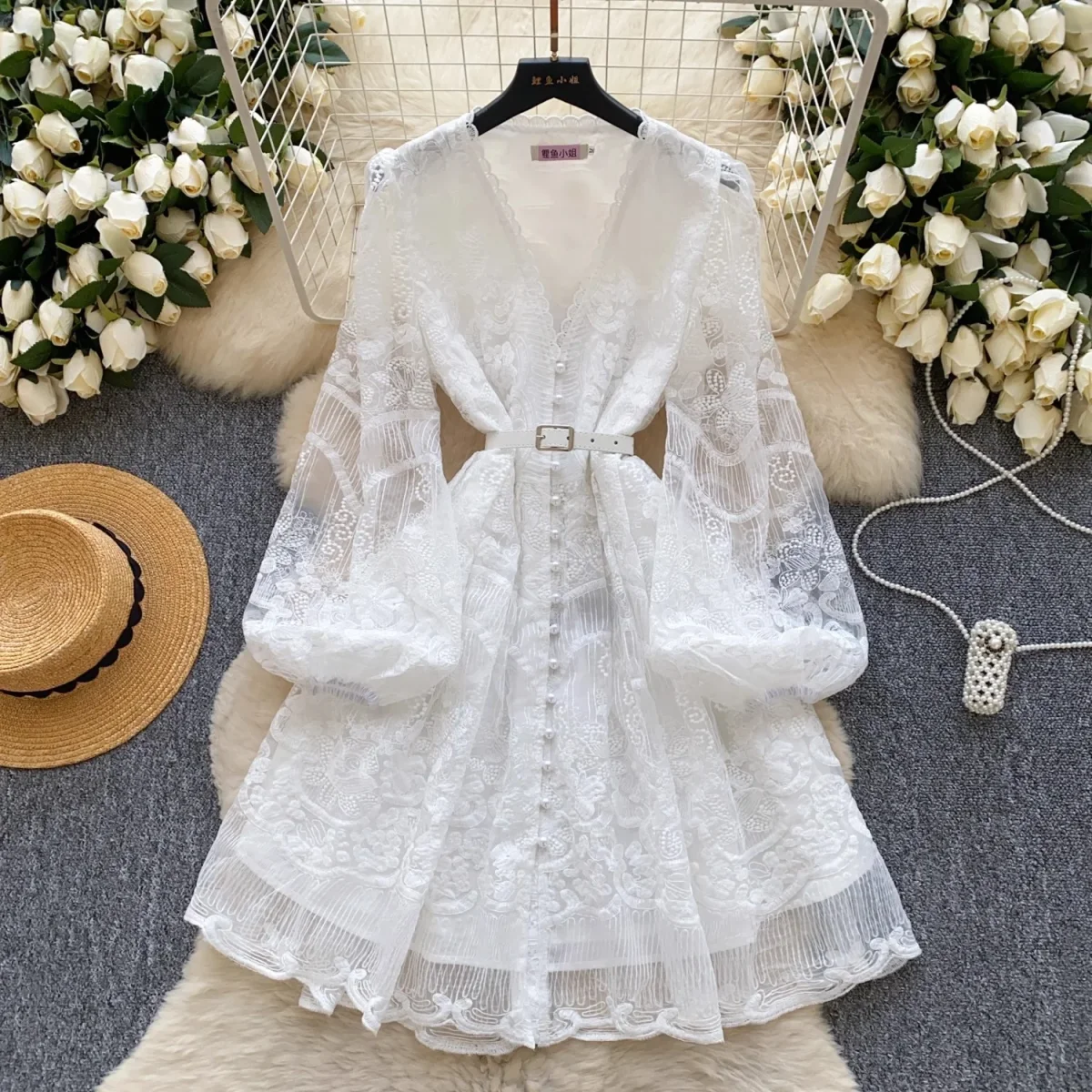 Summer White Lace Embroidery Flower Mini Party Dresses - Afbeelding 4