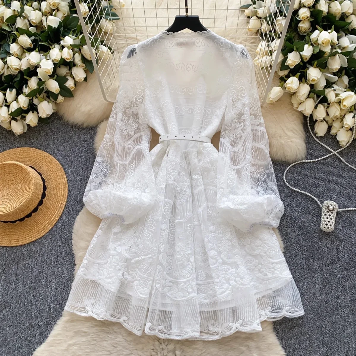 Summer White Lace Embroidery Flower Mini Party Dresses - Afbeelding 5