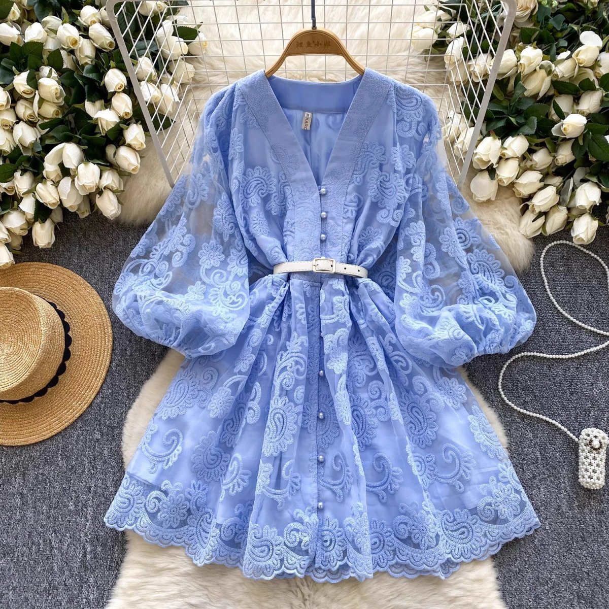 Summer Women V Neck Lantern Sleeve Mini Dress - Afbeelding 9