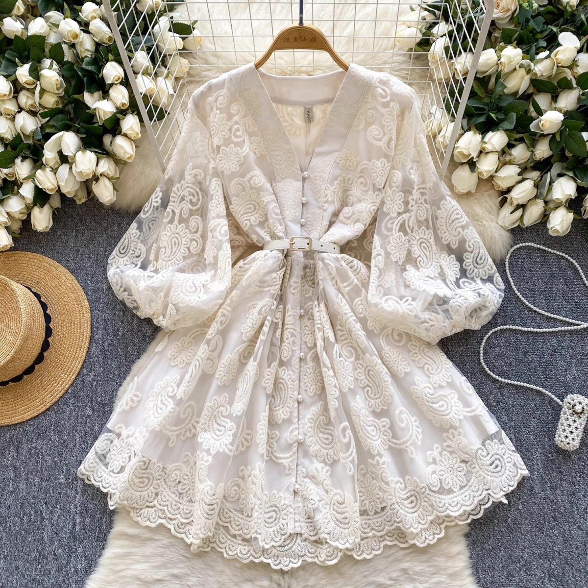Summer Women V Neck Lantern Sleeve Mini Dress - Afbeelding 8